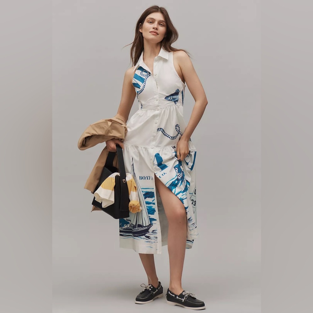 Maeve Sleeveless Nautical Sea Midi Shirt Dress - Picture 2 of 12